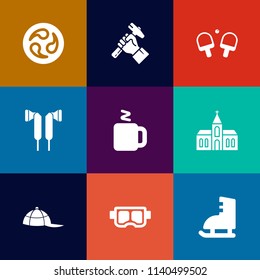 Modern, simple vector icon set on colorful flat backgrounds with clothing, occupation, work, cap, hot, summer, architecture, winter, japan, pattern, mask, music, headwear, male, audio, kimono icons