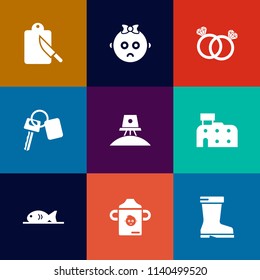 Modern, simple vector icon set on colorful flat backgrounds with cutlery, table, dinner, childhood, architecture, sad, romance, meat, exploration, key, little, diamond, astronaut, plastic, cute icons