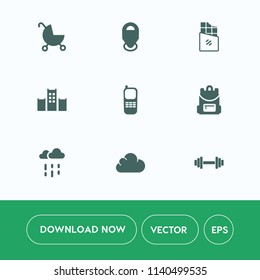 Modern, simple vector icon set on white background with dark, weather, wet, school, chocolate, stroller, sign, hotel, marker, cloud, buggy, white, sweet, family, wheel, location, carriage, bar icons