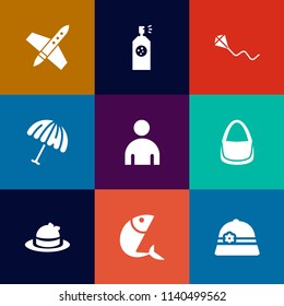 Modern, simple vector icon set on colorful flat backgrounds with style, sky, parasol, clothing, ship, umbrella, childhood, technology, sea, shuttle, rain, white, bag, food, fish, paint, fashion icons