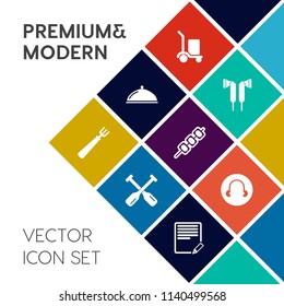 Modern, simple vector icon set on colorful flat background with grilled, sport, fork, rowing, package, dish, freight, restaurant, knife, kitchen, delivery, document, edit, spoon, write, oar, sea icons