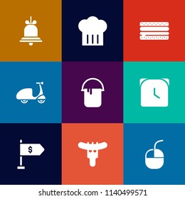 Modern, simple vector icon set on colorful flat backgrounds with burger, clock, restaurant, watch, alert, cook, sport, reminder, hour, painter, sandwich, color, hamburger, chief, meat, sign, hat icons