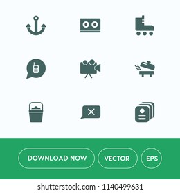 Modern, simple vector icon set on white background with leisure, connection, skating, id, skate, metal, casette, boiler, home, water, call, roller, audio, ringing, card, retro, vintage, chat icons