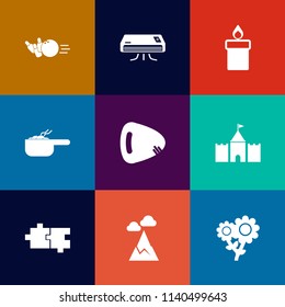 Modern, simple vector icon set on colorful flat backgrounds with temperature, competition, recreation, tower, dinner, musical, ball, cold, decoration, christmas, meal, cooling, fun, sky, flower icons