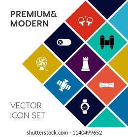 Modern, simple vector icon set on colorful flat background with sport, ball, air, shuttle, watch, turn, strategy, tie, electrical, smart, chess, switch, fashion, deactivate, galaxy, energy, fan icons