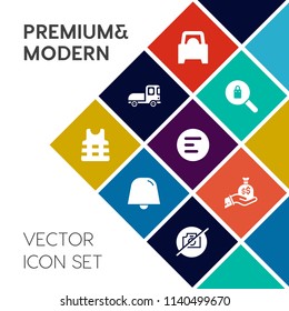 Modern, simple vector icon set on colorful flat background with shipping, searching, app, internet, transportation, life, cargo, vest, business, casual, shopping, finance, fashion, automobile icons
