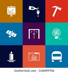 Modern, Simple Vector Icon Set On Colorful Flat Backgrounds With Sign, Equipment, Repair, Restaurant, Fire, Tool, Decoration, Door, Planet, Handle, Transportation, Winery, Flame, Fan, Red, Bus Icons