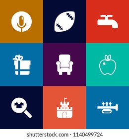 Modern, simple vector icon set on colorful flat backgrounds with sound, football, crane, clothes, construction, field, chair, goal, action, voice, sign, background, game, ball, apple, furniture icons