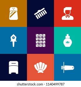 Modern, simple vector icon set on colorful flat backgrounds with bed, bar, spring, spice, stroke, bird, flash, perfume, cooking, nature, shell, ingredient, collection, seasoning, card, nest, sea icons