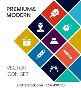 Modern, simple vector icon set on colorful flat background with glass, professional, mountain, summer, medicine, hygiene, container, cone, crater, ice, red, strawberry, health, pin, grilled, box icons