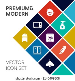 Modern, simple vector icon set on colorful flat background with cute, firework, chemical, toxic, lamp, interior, wash, sprayer, little, equipment, oven, mail, holiday, pesticide, baby, home, kid icons
