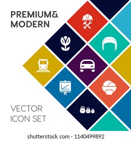 Modern, simple vector icon set on colorful flat background with annual, food, transport, train, modern, building, white, builder, rice, graphic, worker, floral, report, occupation, foreman, male icons