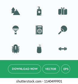 Modern, simple vector icon set on white background with child, document, pine, tourism, holiday, forest, alien, tree, extreme, monster, wood, ufo, plant, parachuting, fiction, little, parachute icons