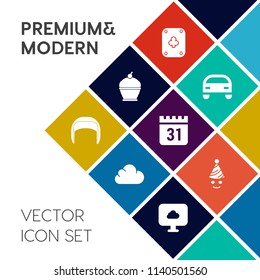 Modern, simple vector icon set on colorful flat background with schedule, day, pastry, delicious, helmet, timetable, pie, automobile, clown, equipment, sign, card, building, celebration, sweet icons