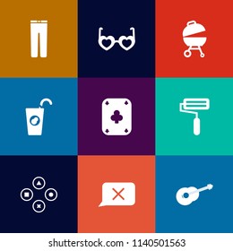 Modern, simple vector icon set on colorful flat backgrounds with trousers, organic, closed, hippie, fashion, roll, chat, summer, game, healthy, sunglasses, guitar, fruit, musical, play, boho icons