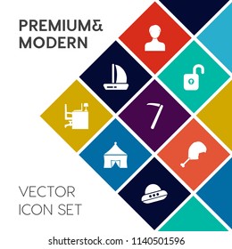 Modern, simple vector icon set on colorful flat background with sail, safe, safety, tent, travel, vacation, boat, desk, sea, entertainment, internet, ufo, festival, spanner, user, spacecraft icons