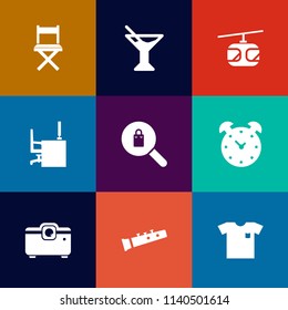 Modern, simple vector icon set on colorful flat backgrounds with sky, transportation, clothing, glass, office, seat, female, cable, table, time, clothes, projector, musical, desk, juice, white icons