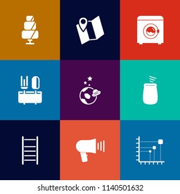 Modern, simple vector icon set on colorful flat backgrounds with data, restaurant, clothes, travel, doughnut, housework, loudspeaker, appliance, city, dessert, ladder, sweet, music, megaphone icons