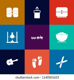 Modern, simple vector icon set on colorful flat backgrounds with laboratory, shipping, air, light, fire, valve, drawer, garden, gardening, glowing, food, pruning, equipment, office, white, work icons
