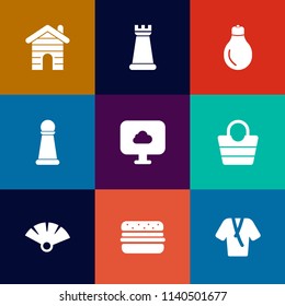 Modern, simple vector icon set on colorful flat backgrounds with traditional, electricity, home, web, play, bathrobe, fan, bulb, house, fashion, innovation, internet, hamburger, estate, business icons