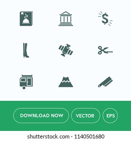 Modern, simple vector icon set on white background with money, landscape, button, orbit, volcano, trailer, business, banking, concept, lava, sign, dollar, science, tool, caravan, finance, space icons