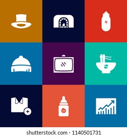 Modern, simple vector icon set on colorful flat backgrounds with cap, lifestyle, hat, bottle, nutrition, sport, home, red, white, winter, milk, concept, fireplace, food, tv, meal, interior, room icons