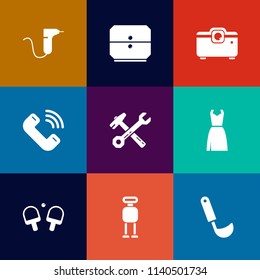 Modern, simple vector icon set on colorful flat backgrounds with outgoing, drill, phone, technology, call, medicine, dentist, clinic, wrench, sign, dentistry, cyborg, web, media, tool, business icons