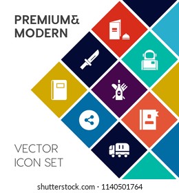 Modern, simple vector icon set on colorful flat background with button, notebook, fork, cutlery, truck, universe, restaurant, meal, metal, social, kitchen, cosmonaut, space, dinner, directory icons