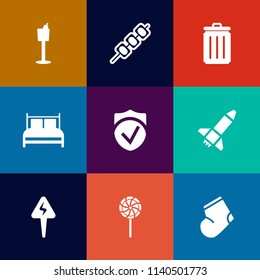 Modern, simple vector icon set on colorful flat backgrounds with mattress, bedding, restaurant, dinner, energy, glass, rocket, warm, barbecue, shish, winter, grill, drink, pillow, bin, meal, can icons