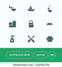 Modern, simple vector icon set on white background with transportation, spoon, bowl, paddle, dessert, play, dinner, drink, industrial, equipment, food, meal, ball, spray, bear, sprayer, doughnut icons