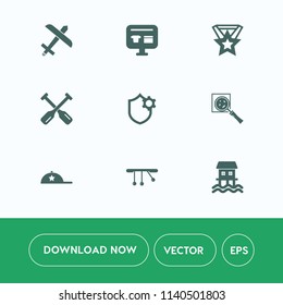Modern, simple vector icon set on white background with cap, find, travel, boat, paddle, oar, river, success, flight, aircraft, canoe, prize, air, fashion, medal, airplane, money, settings, sale icons