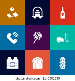 Modern, simple vector icon set on colorful flat backgrounds with pin, vacuum, lollipop, candy, safety, lamp, natural, trolley, travel, baggage, food, red, hotel, map, jacket, call, wood, green icons