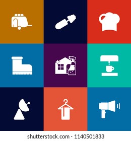 Modern, simple vector icon set on colorful flat backgrounds with boot, eyelash, cosmetic, megaphone, hat, cleaner, train, white, hanger, van, spray, cook, restaurant, mascara, communication, car icons