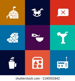 Modern, simple vector icon set on colorful flat backgrounds with drink, travel, nature, radio, media, world, rocking, toy, atlas, closed, duck, shelter, cold, igloo, cup, glass, geography, chat icons