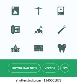 Modern, simple vector icon set on white background with brick, healthy, village, water, architecture, dinner, building, telephone, old, house, internet, call, bucket, interface, communication icons