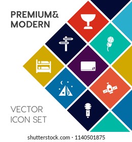 Modern, simple vector icon set on colorful flat background with karaoke, studio, song, education, adventure, travel, zoom, sound, mic, station, tourism, find, outdoor, tent, hotel, element, look icons