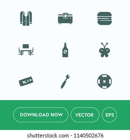 Modern, simple vector icon set on white background with clothes, coat, bottle, liquid, food, butterfly, sign, web, cheeseburger, drink, hamburger, wear, nature, business, beauty, work, travel icons
