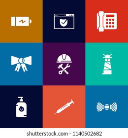Modern, simple vector icon set on colorful flat backgrounds with helmet, industry, kid, suit, builder, call, bow, beacon, clothing, energy, battery, light, equipment, lock, security, web, tie icons