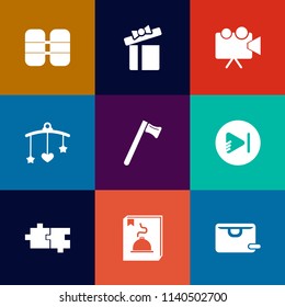 Modern, simple vector icon set on colorful flat backgrounds with media, ribbon, screen, music, tool, bed, spanner, equipment, present, box, air, video, gift, oxygen, newborn, play, tank, hammer icons