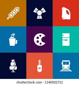 Modern, simple vector icon set on colorful flat backgrounds with cooler, equipment, makeup, meal, kitchen, dinner, hot, grill, sweet, container, meat, doughnut, plastic, garbage, beverage, brush icons