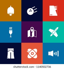 Modern, simple vector icon set on colorful flat backgrounds with recreation, rocket, speaker, road, elegant, travel, cosmos, volume, bowling, space, paper, map, bell, sound, leisure, woman, ball icons