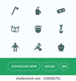 Modern, simple vector icon set on white background with room, hammer, sweet, people, beverage, airplane, cup, green, equipment, tea, plane, young, plant, ticket, wrench, spanner, food, coffee icons