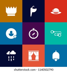Modern, simple vector icon set on colorful flat backgrounds with hygiene, home, wet, sink, bathroom, crown, weather, map, jewelry, compass, travel, equipment, clean, user, social, liquid, king icons