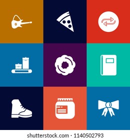 Modern, simple vector icon set on colorful flat backgrounds with suitcase, baggage, lunch, bag, dessert, suit, replacement, fast, replace, sweet, jam, substitute, food, paper, cheese, white, man icons