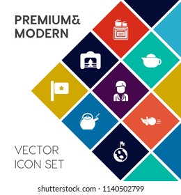 Modern, simple vector icon set on colorful flat background with beverage, national, pot, hot, america, bowling, holiday, cooking, cook, kettle, teapot, sport, male, ball, red, fireplace, stove icons