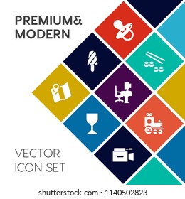 Modern, simple vector icon set on colorful flat background with map, alcohol, toy, japanese, infant, video, desk, table, glass, cold, fruit, small, work, japan, pin, stick, camera, soother, film icons