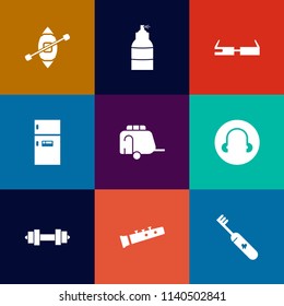 Modern, simple vector icon set on colorful flat backgrounds with boat, care, home, kitchen, railway, white, art, sound, smart, gym, hygiene, cold, transport, spray, freezer, black, musical, ship icons