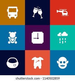 Modern, simple vector icon set on colorful flat backgrounds with object, beverage, transport, ufo, space, red, rucksack, drink, time, helicopter, alien, clothes, flight, bottle, rain, glass, bus icons