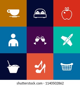 Modern, simple vector icon set on colorful flat backgrounds with girl, cafe, white, market, alcohol, basket, high, furniture, healthy, male, home, rocket, food, beauty, cup, bedroom, red, fruit icons