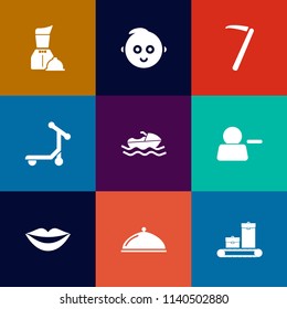 Modern, simple vector icon set on colorful flat backgrounds with work, tool, childhood, hammer, equipment, boy, girl, beauty, scooter, food, ride, construction, luggage, waiter, baby, delete icons